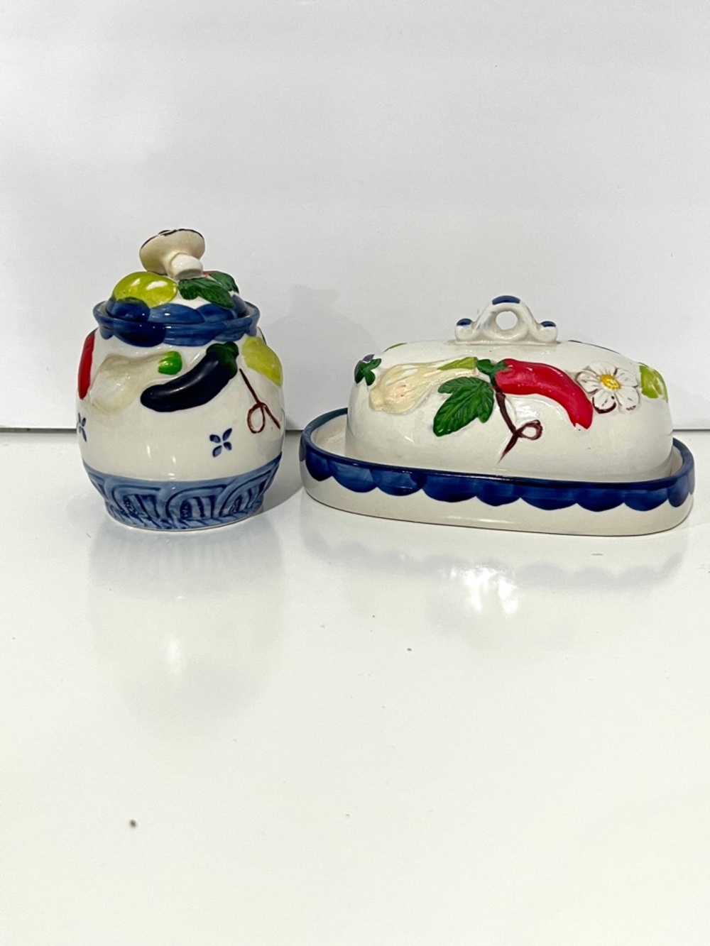 VINTAGE Hand-Painted Ceramic Butter Dish & Jar Set with Chili Motif
